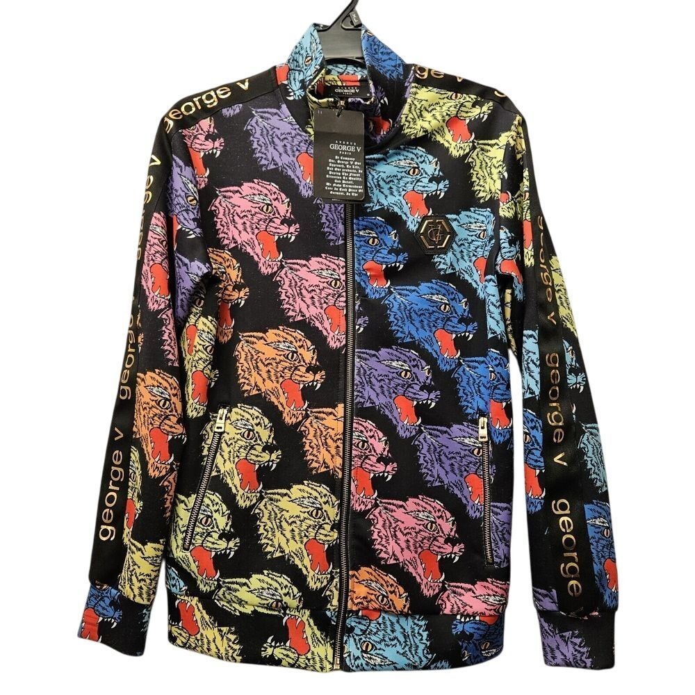 Avenue George V Track Jacket NWT Mens S Black Multi Tiger AOP Zip Streetwear Y2K